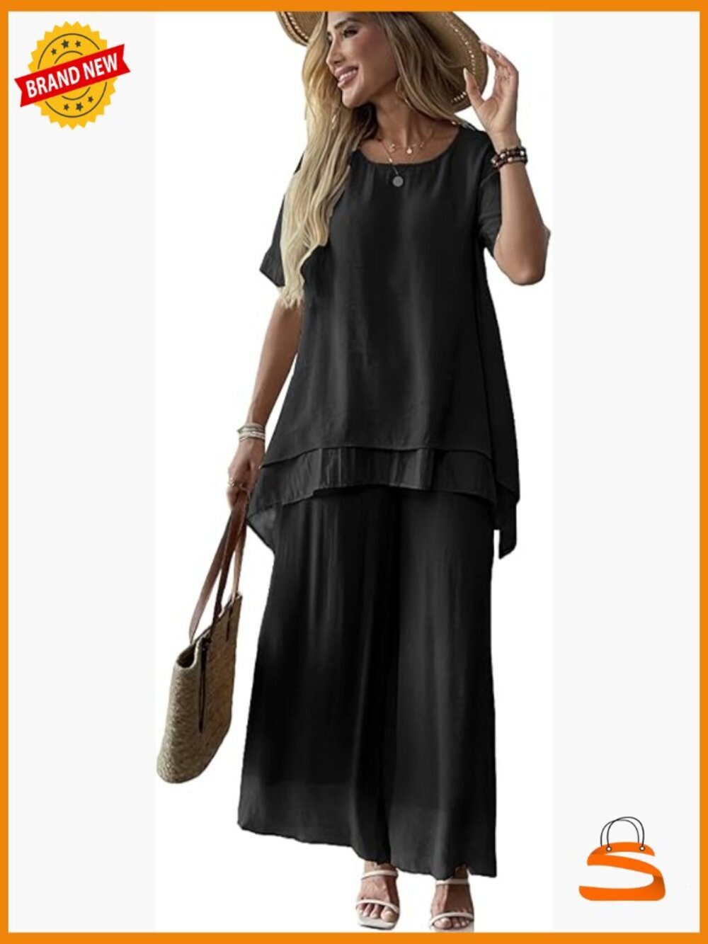 Women's 2 Piece Linen Sets Flowy Ruffle Top Wide Leg Palazzo Pants Suit